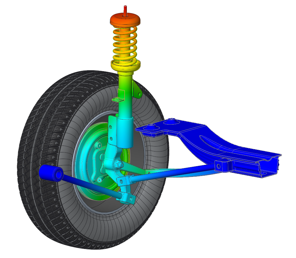 Structural stress analysis of a wheel, suspension, and connecting rods.